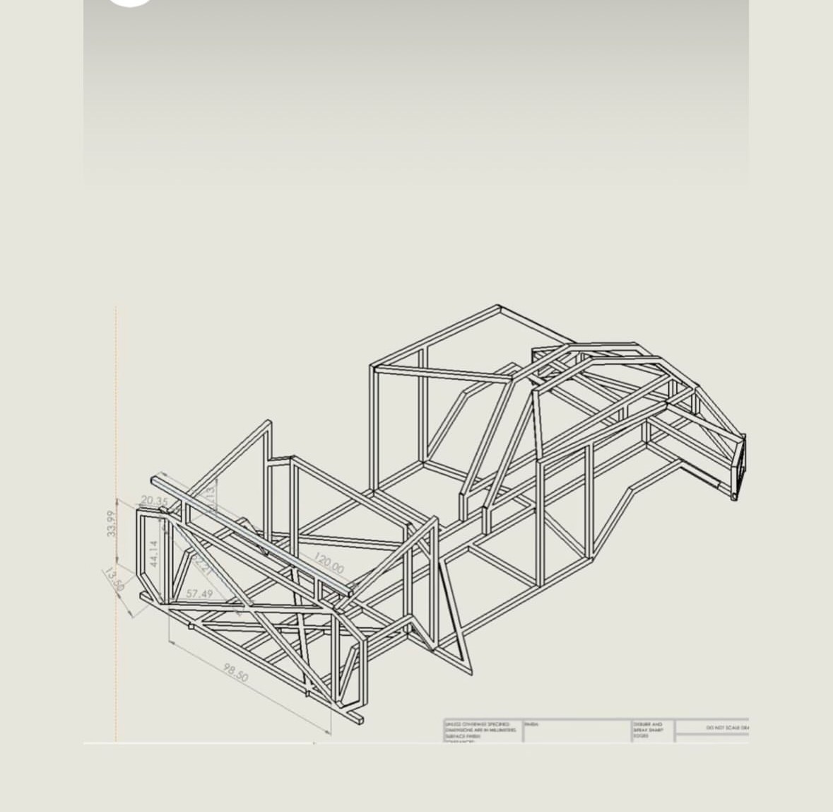 Dimensioned CAD drawing of the car's tubular steel chassis